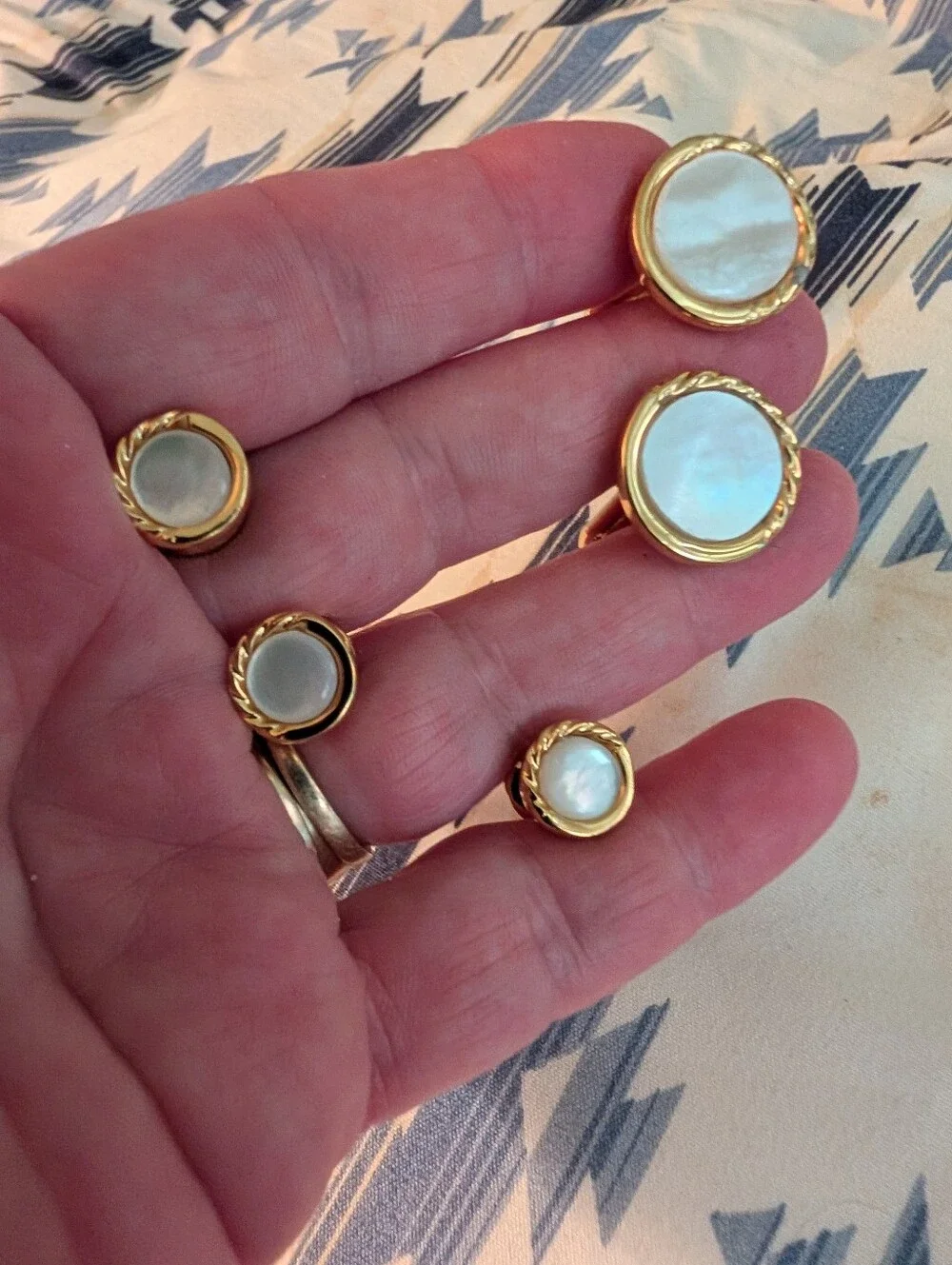 Vintage Gold-Tone Mother of Pearl Cufflinks And Tuxedo Button Set